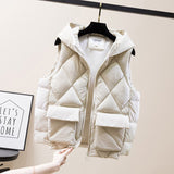 Purpdrank - Women's Winter Short Vest Solid Korean Style Sleeveless Hooded Thick Jacket Female Cotton Padded  Casual Outwear