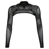 Purpdrank - Women T-Shirt Sexy Hip Hop Gothic Lady Micro Short Metal Chain Lace See-through Mesh Long Sleeve Turtleneck Hot Tops