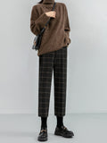 Purpdrank - New Autumn Winter Woolen Plaid Women Formal Straight Pants High Waist Ankle-Length Chic Loose Ladies Pants Pocket