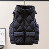 Purpdrank - Women's Winter Short Vest Solid Korean Style Sleeveless Hooded Thick Jacket Female Cotton Padded  Casual Outwear
