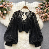 Purpdrank - Autumn Black/White/Brown Sexy Lace Blouse Women Elegant V-Neck Puff Long Sleeve Open Back Short Tops Female Party Blusas 2023