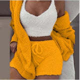 Purpdrank - Three Piece Sexy Fluffy Outfits Plush Velvet Hooded Cardigan Coat+Shorts+Crop Top Women Tracksuit Sets Casual Sports Sweatshirt