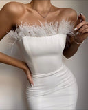 Purpdrank - New Summer Sexy Strapless Backless Feather Black Midi Women Bodycon Bandage Dress Designer Fashion Party Club Dress Vestido
