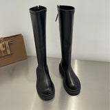Purpdrank - Platform Knee High Boots Slip-on Block Heel Footwear Women Thick High Heels PU Leather Shoes Fashion Spring Female Boots