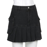 Purpdrank - New  Mall Goth Y2K High Waist Jean Skirts E-girl Aesthetics Black Denim Pleated Skirts with Big Pockets Grunge Punk Outfits