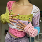 Purpdrank - Women Spring Autumn Streetwear Crochet Knit Crop Tops Long Sleeve Square Collar Color Block Hollow Out Regular Fit T-Shirts