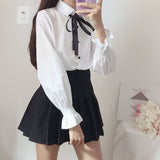 Purpdrank - New Cute Bow College Wind Shirt Female Flare Sleeve Women Blouse Harajuku Uniform Shirt Lace Up White Blouses Woman Tops