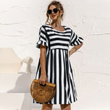 Purpdrank - Women Summer Dress Cute Loose Striped Print Ruffles Sleeves Dresses Elegant A Line Patchwork Beach Party Female Dress Vestidos