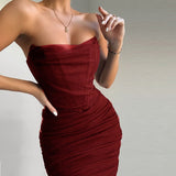 Purpdrank - Elegant Corset Bustier Bone Ruched Mesh Midi Dresses Party Night Club Sexy Backless Strapless Summer Dress Bodycon