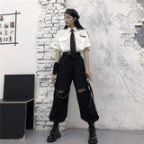 Purpdrank - Gothic Streetwear Women&#39;s Cargo Pants with Chain Punk Techwear Black Oversize Korean Fashion Wide Leg Trousers