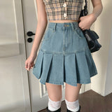 Purpdrank - Casual Denim Mini Skirt Women Summer High-Waiste Harajuku Y2k Pleated Skirt Blue Japanese Korean Style Fashion Clothing New