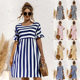 Purpdrank - Women Summer Dress Cute Loose Striped Print Ruffles Sleeves Dresses Elegant A Line Patchwork Beach Party Female Dress Vestidos