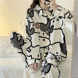 Purpdrank - Cow Print Pajamas Two Piece Set Autumn Pijamas Women Cotton Cute Home Clothes Pyjamas Sleepwear Japanese Style Kawaii