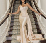 Purpdrank - Crystal Bridesmaid Dresses Champagne One Shoulder Sleeveless Mermaid Silk Satin Wedding Bridesmaid Gowns With Lace Up Back