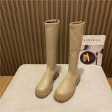 Purpdrank - Platform Knee High Boots Slip-on Block Heel Footwear Women Thick High Heels PU Leather Shoes Fashion Spring Female Boots