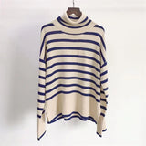 Purpdrank - Winter Women’s Long Sleeves Knit Sweater Turtleneck Striped Print Loose Pullover Tops New Autumn Oversized Sweater