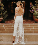 Purpdrank - Sexy Open Back Wedding Pant Suits For Brides With Train Applique Lace Long Sleeves Wedding Jumpsuits Women Elegant Formal Dress