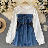Purpdrank - Chic Women Hoodies Denim Dress New Fashion Long Sleeve Cotton Sweatshirt Patchwork Mini Jeans Dress with Belt