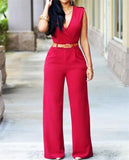 Purpdrank - New Women Jumpsuit Lady Sleeveless Romper Bodysuit Bodycon High-waist V-neck Wide-leg Pants Irregular Suit With Belt Playsuit