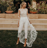 Purpdrank - Sexy Open Back Wedding Pant Suits For Brides With Train Applique Lace Long Sleeves Wedding Jumpsuits Women Elegant Formal Dress