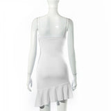 Purpdrank - Elegant V Neck Ruffles Strap Sexy Bodycon Dress For Women 2023 Summer Sleeveless Office Lady Vintage Party White Dress