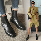 Purpdrank - winter new full leather low-heeled women's boots retro fashion all-match essential women's short boots pointed ankle boots