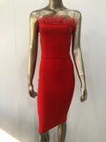 Purpdrank - New Summer Sexy Strapless Backless Feather Black Midi Women Bodycon Bandage Dress Designer Fashion Party Club Dress Vestido