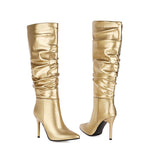 Purpdrank - Silver gold knee high boots women pleated pointed toe thin high heels dres party shoes autumn winter long boots woman