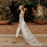Purpdrank - Sexy Open Back Wedding Pant Suits For Brides With Train Applique Lace Long Sleeves Wedding Jumpsuits Women Elegant Formal Dress