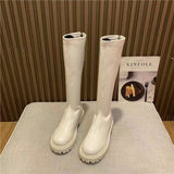 Purpdrank - Platform Knee High Boots Slip-on Block Heel Footwear Women Thick High Heels PU Leather Shoes Fashion Spring Female Boots