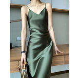 Purpdrank - Summer Women Satin Slip Dress Backless Vintage Solid Elegant Lady Green Sexy Silk Long Party Dress