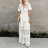 Purpdrank - Summer Boho Women Maxi Dress Loose Embroidery White Lace Long Tunic Beach Dress Vacation Holiday Clothes