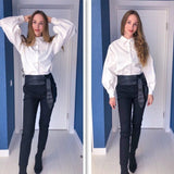 Purpdrank - Ladies Lantern Sleeve Elegant Blouse Shirt Women White Black Casual Button Vintage Turn Down Collar Office Lady Shirt Female