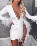 Purpdrank - Women Winter Mini Dress Full Sleeve Mesh See Through Dress Sexy Night Club Bandage Party Feather Elegant Bodycon Dresses GL675