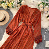 Purpdrank - Spring Autumn Women's Holiday Dress 2023 New Thin Chiffon Retro Print Lace-up Waist Slim Long Dress for Women