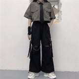 Purpdrank - Gothic Streetwear Women&#39;s Cargo Pants with Chain Punk Techwear Black Oversize Korean Fashion Wide Leg Trousers