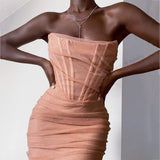 Purpdrank - Elegant Corset Bustier Bone Ruched Mesh Midi Dresses Party Night Club Sexy Backless Strapless Summer Dress Bodycon