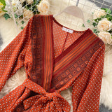Purpdrank - Spring Autumn Women's Holiday Dress 2023 New Thin Chiffon Retro Print Lace-up Waist Slim Long Dress for Women
