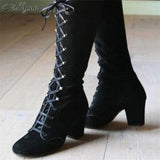 Purpdrank - Winter Women Boots Shoes Fashion Vintage Lace-up Boots Women Round Cowboy High Heels Booties Shoes Woman Botas Mujer