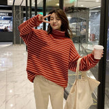 Purpdrank - Women Stripes Sweater Harajuku Winter Vintage Women Thickening Loose Warm Turtleneck Sweater
