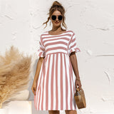 Purpdrank - Women Summer Dress Cute Loose Striped Print Ruffles Sleeves Dresses Elegant A Line Patchwork Beach Party Female Dress Vestidos