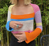 Purpdrank - Women Spring Autumn Streetwear Crochet Knit Crop Tops Long Sleeve Square Collar Color Block Hollow Out Regular Fit T-Shirts