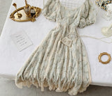 Purpdrank - Spring Outfits Romantic Women Lace Embroidery Party Dress Summer Elegant Floral Print Short Puff Sleeve Gothic Vintage Midi Dress