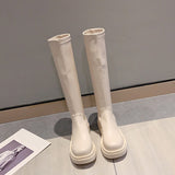 Purpdrank - Platform Knee High Boots Slip-on Block Heel Footwear Women Thick High Heels PU Leather Shoes Fashion Spring Female Boots