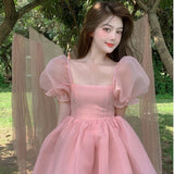 Purpdrank - Girls Sweet Pink Puff Sleeve Square Neck Mesh Puffy Dress Women's Summer New Princess Skirt Send Bow Party Club Mini Skirt