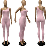 Purpdrank - Sexy One Shoulder Long Jumpsuit Women Sleeveless Casual Rompers Summer Spring Solid One Piece Outfit Bodycon Jumpsuit