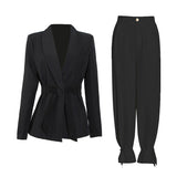 Purpdrank - Solid Color Korean Two Piece Set Women Blazer High Waist Belt Lace-up Straight Pants Suits Female Fashion New