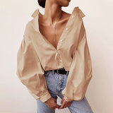 Purpdrank - Ladies Lantern Sleeve Elegant Blouse Shirt Women White Black Casual Button Vintage Turn Down Collar Office Lady Shirt Female