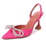 Purpdrank - Glitter Rhinestone Women Pumps Crystal Bowknot Satin Pointed Toe High Heels Slingbacks Shoe Slip On Ladies Wedding Pumps Sandal