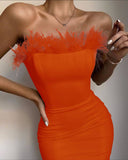 Purpdrank - New Summer Sexy Strapless Backless Feather Black Midi Women Bodycon Bandage Dress Designer Fashion Party Club Dress Vestido